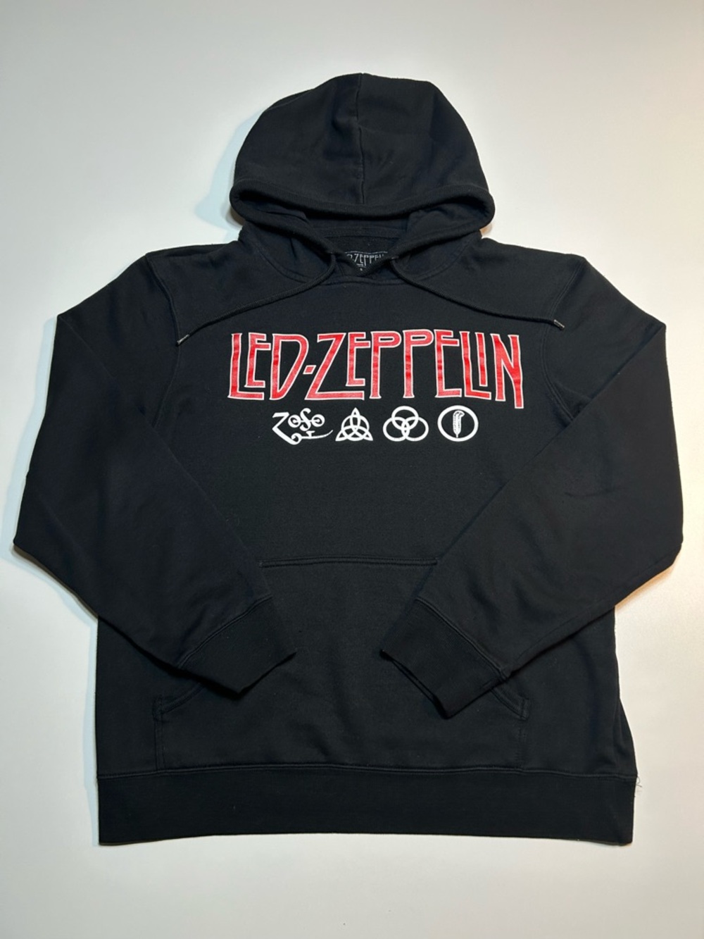 Led Zeppelin Red Outline Logo & Four Symbols Black Pullover Graphic Hoodie